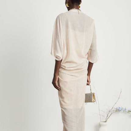 Ornella Neutrals Deep V-neck Midi Dress Ramie Polyamide Flax Button Fastening Lined Elegant Versatile Modern Luxury Fashion