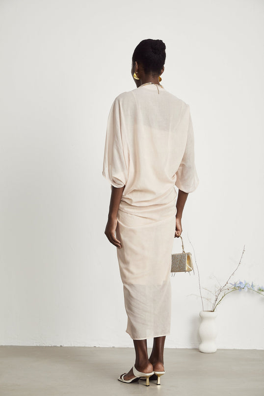 Ornella Neutrals Deep V-neck Midi Dress Ramie Polyamide Flax Button Fastening Lined Elegant Versatile Modern Luxury Fashion