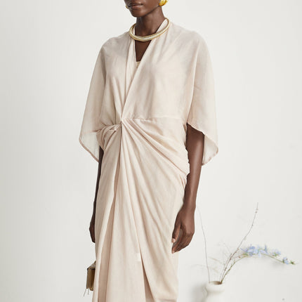 Ornella Neutrals Deep V-neck Midi Dress 65% Ramie 23% Polyamide 12% Flax Elegant Sophisticated Modern Luxury Versatile Fashion-forward Timeless Allure