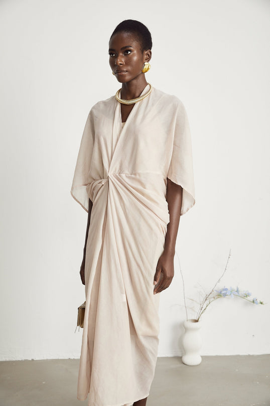 Ornella Neutrals Deep V-neck Midi Dress 65% Ramie 23% Polyamide 12% Flax Elegant Sophisticated Modern Luxury Versatile Fashion-forward Timeless Allure