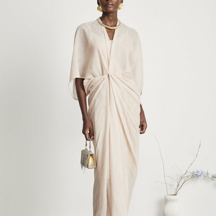 Ornella Neutrals Deep V-neck Midi Dress Ramie Polyamide Flax Elegant Versatile Luxury Fashion
