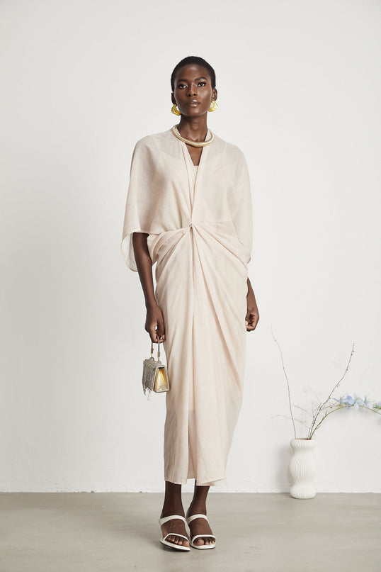 Ornella Neutrals Deep V-neck Midi Dress Ramie Polyamide Flax Elegant Versatile Luxury Fashion