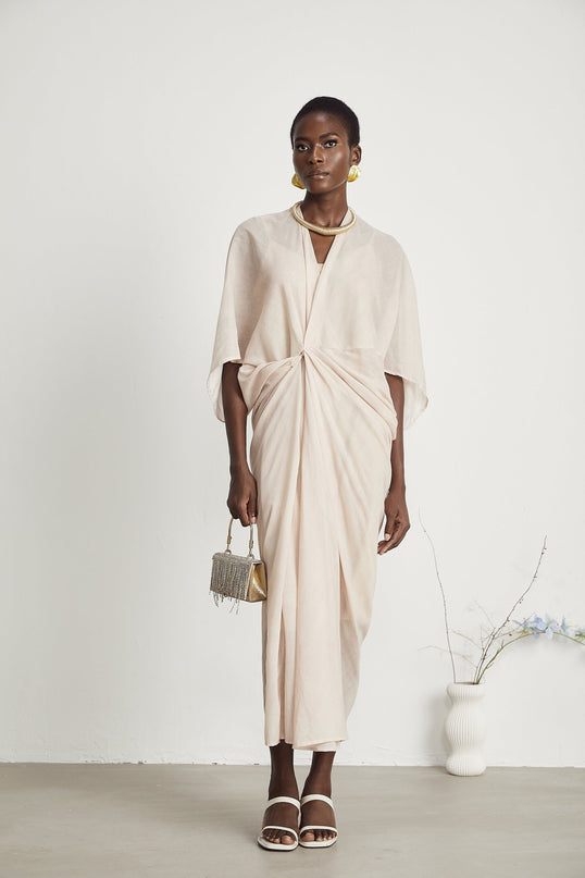 Ornella Neutrals Deep V-neck Midi Dress