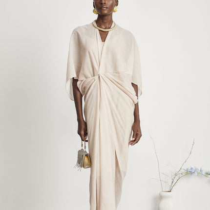 Ornella Neutrals Deep V-neck Midi Dress Ramie Polyamide Flax Blend Gathered Sleeves Button Fastening Lined Modern Luxury Versatile Fashion-forward