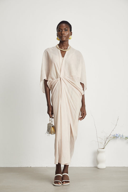 Ornella Neutrals Deep V-neck Midi Dress Ramie Polyamide Flax Blend Gathered Sleeves Button Fastening Lined Modern Luxury Versatile Fashion-forward