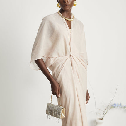 Ornella Neutrals Deep V-neck Midi Dress with oversized gathered sleeves and front button fastening