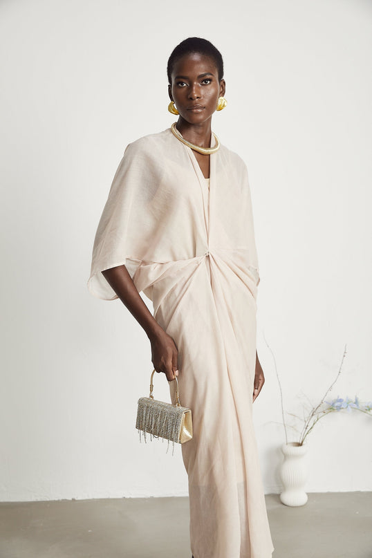 Ornella Neutrals Deep V-neck Midi Dress with oversized gathered sleeves and front button fastening