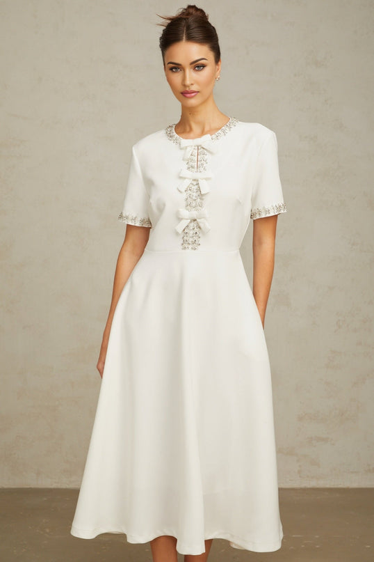 Ornella White Crystal Bow Flare Skirt Midi Dress