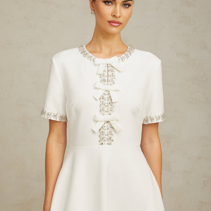 Ornella White Crystal Bow Flare Skirt Midi Dress