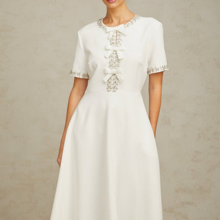 Ornella White Crystal Bow Flare Skirt Midi Dress