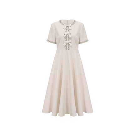 Ornella White Crystal Bow Flare Skirt Midi Dress