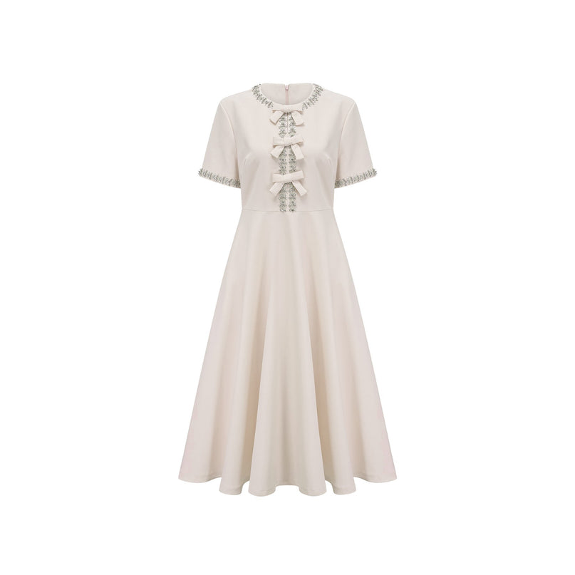 Ornella White Crystal Bow Flare Skirt Midi Dress
