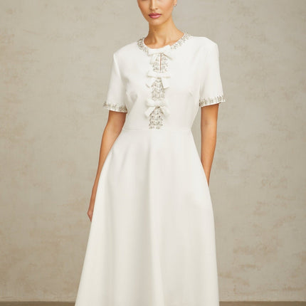 Ornella White Crystal Bow Flare Skirt Midi Dress