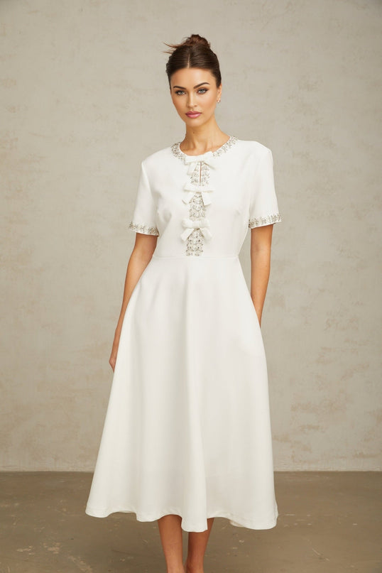 Ornella White Crystal Bow Flare Skirt Midi Dress