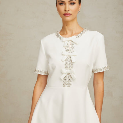 Ornella White Crystal Bow Flare Skirt Midi Dress