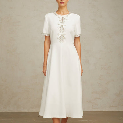 Ornella White Crystal Bow Flare Skirt Midi Dress