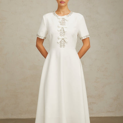 Ornella White Crystal Bow Flare Skirt Midi Dress