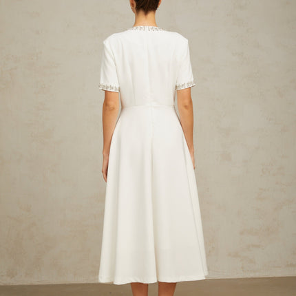 Ornella White Crystal Bow Flare Skirt Midi Dress