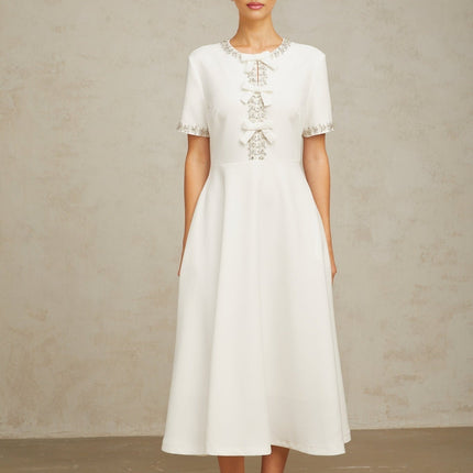 Ornella White Crystal Bow Flare Skirt Midi Dress
