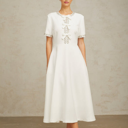 Ornella White Crystal Bow Flare Skirt Midi Dress