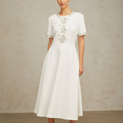 Ornella White Crystal Bow Flare Skirt Midi Dress