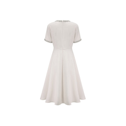 Ornella White Crystal Bow Flare Skirt Midi Dress