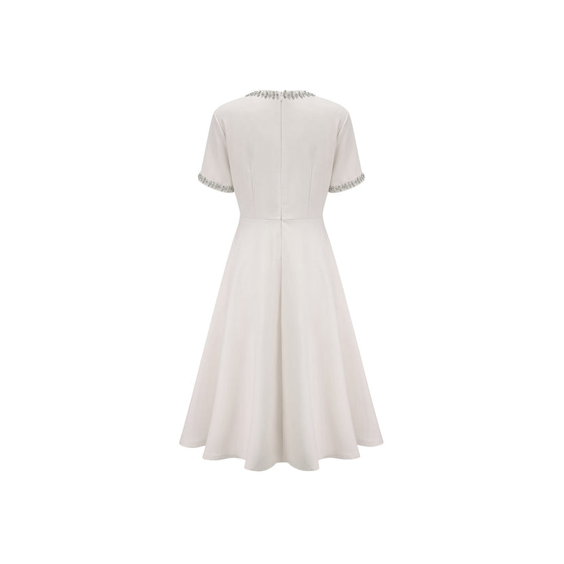 Ornella White Crystal Bow Flare Skirt Midi Dress