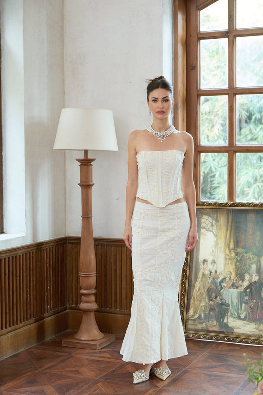 Ornella White Floral Embroidered Corset Skirt Top Set