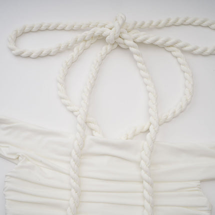 Ornella White Off-Shoulder Midi Dress with Ruched Braid and Rope Detailing