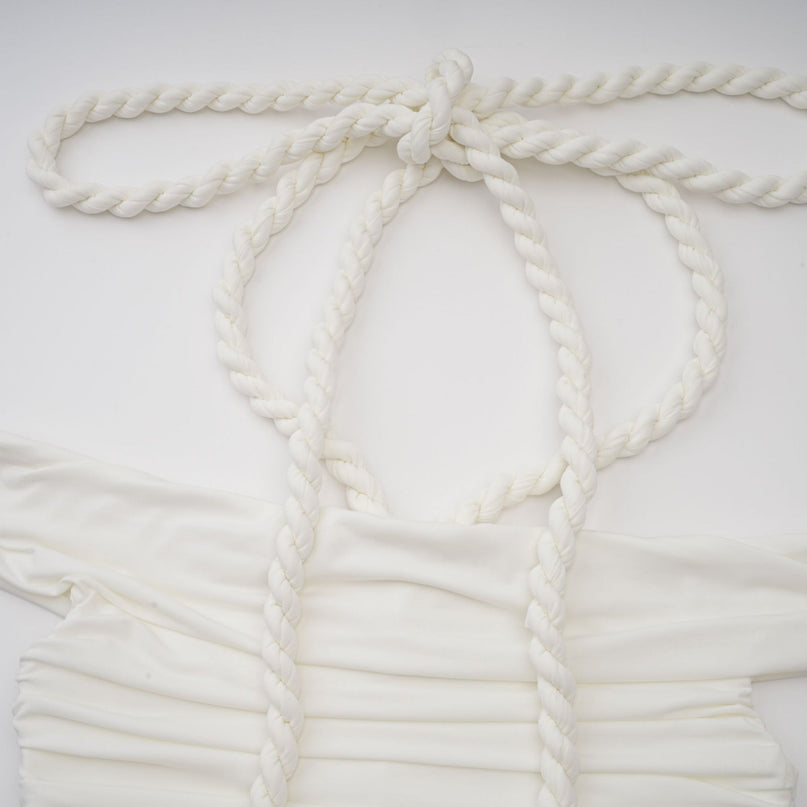 Ornella White Off-Shoulder Midi Dress with Ruched Braid and Rope Detailing