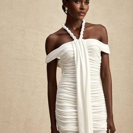 Ornella White Off-Shoulder Midi Dress with Ruched Braid and Rope Detailing