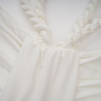 Ornella White Midi Dress with Off-Shoulder Design Ruched Braid Rope Detailing Side Zip Fastening Viscose Elastane Blend Luxury Fashion Statement Piece
