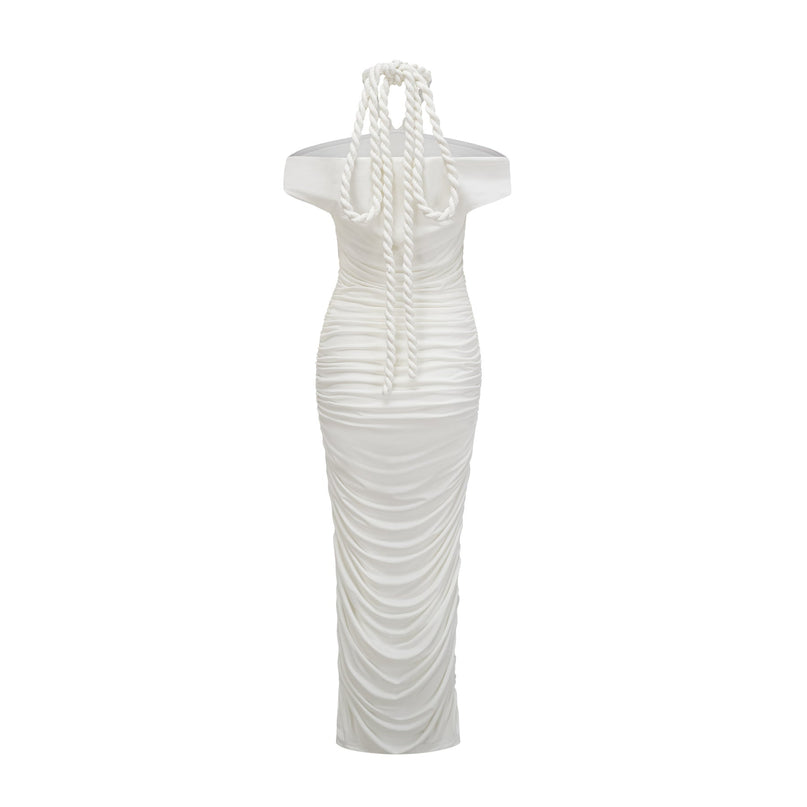 Ornella White Midi Dress with Off-Shoulder Design and Ruched Detailing
