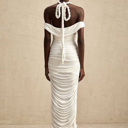 Ornella White Off-Shoulder Midi Dress with Ruched Braid and Rope Detailing