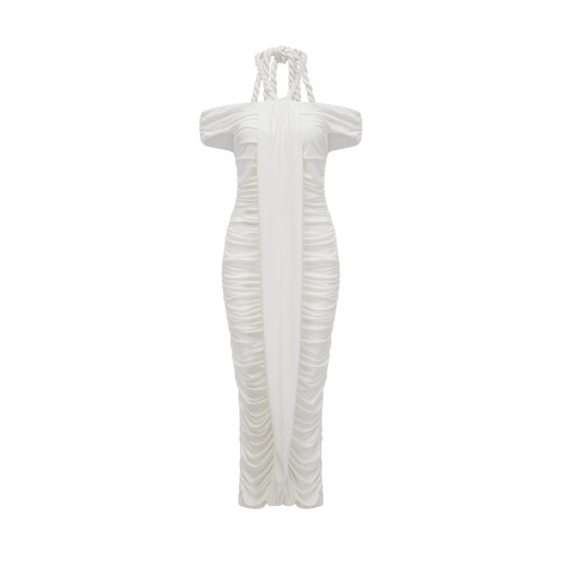 Ornella White Midi Dress with Off-Shoulder Design and Ruched Detailing