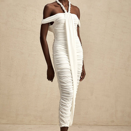 Ornella White Off-Shoulder Midi Dress with Ruched Braid Rope Detailing