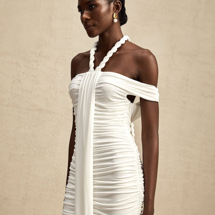 Ornella White Off-Shoulder Midi Dress Ruched Braid Rope Detailing Side Zip Fastening Viscose Elastane Blend Luxury Fashion Statement Piece