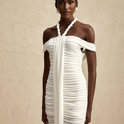 Ornella White Off-Shoulder Ruched Midi Dress