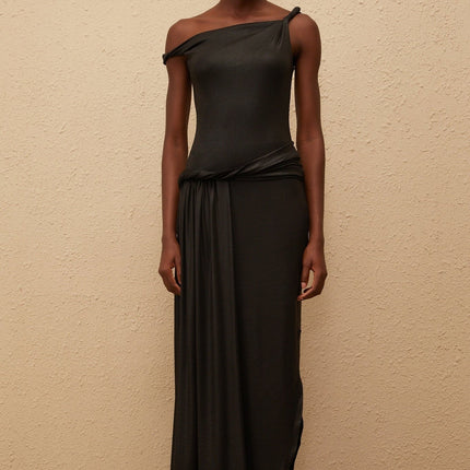 Paige Black Maxi Dress with Asymmetrical Design and Side Slit