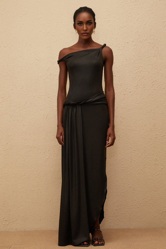 Paige Black Maxi Dress with Asymmetrical Design and Side Slit