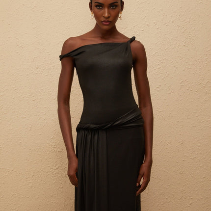 Paige Black Maxi Dress with Asymmetrical Design and Side Slit