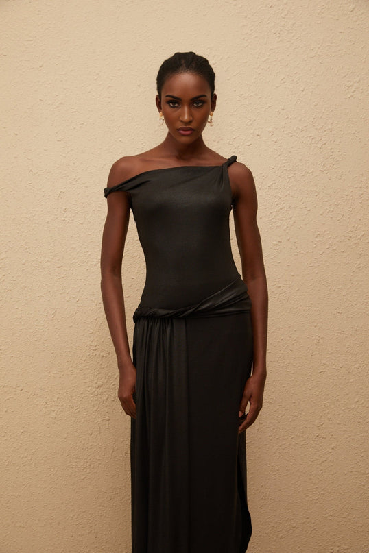 Paige Black Maxi Dress with Asymmetrical Design and Side Slit