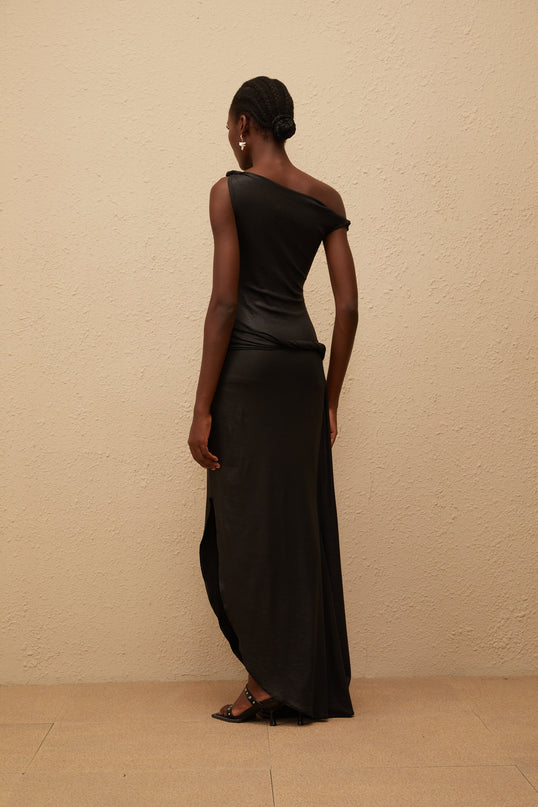Paige Black Maxi Dress with Asymmetrical Design and Side Slit