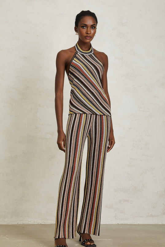 Paige Brown Stripe Halterneck Top and Trousers Set