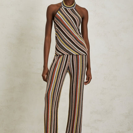 Paige Brown Stripe Halterneck Top Trousers Set Luxury Knitted Open Back Elasticated Waistband Straight Hem Terylene Fiber