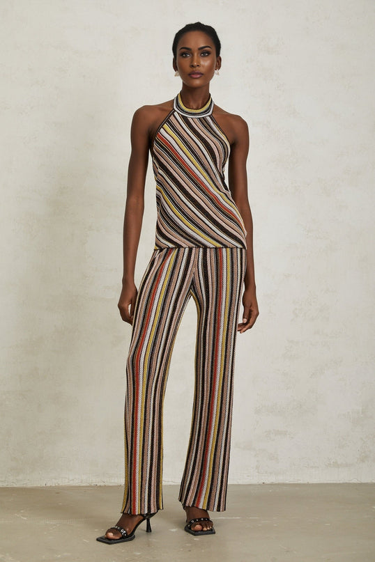 Paige Brown Stripe Halterneck Top Trousers Set Luxury Knitted Open Back Elasticated Waistband Straight Hem Terylene Fiber