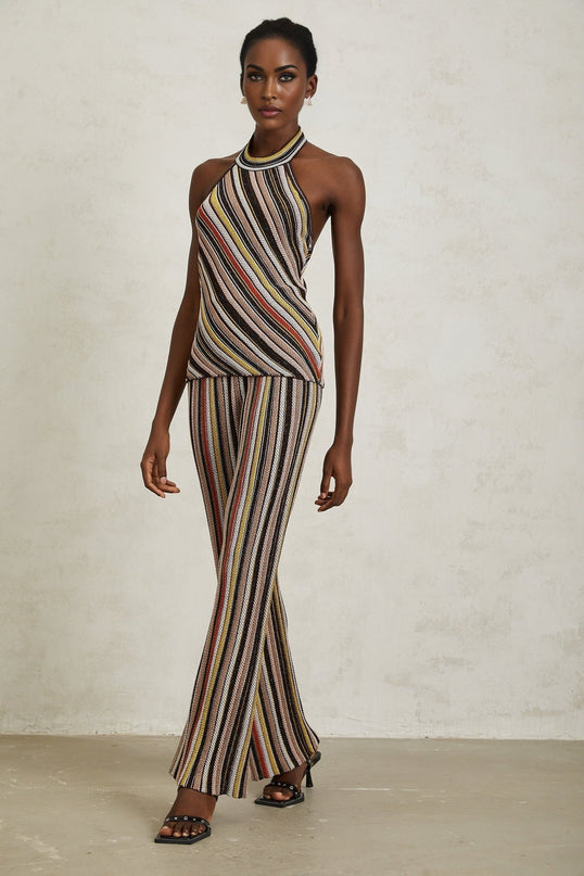 Paige Brown Stripe Halterneck Top and Trousers Set