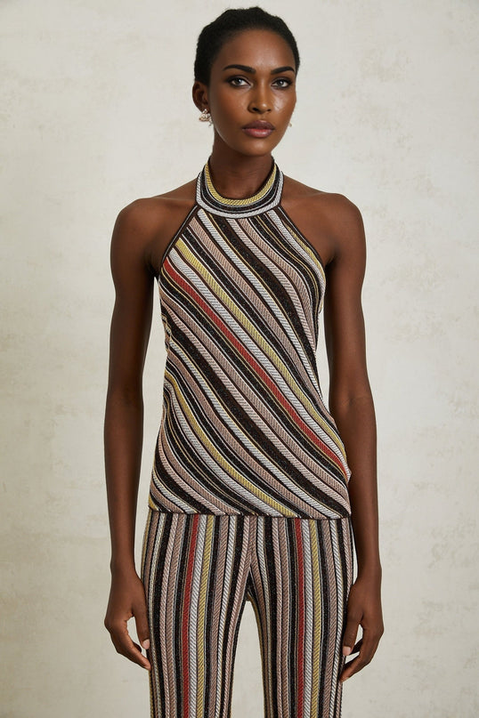 Paige Brown Stripe Halterneck Top Trousers Set