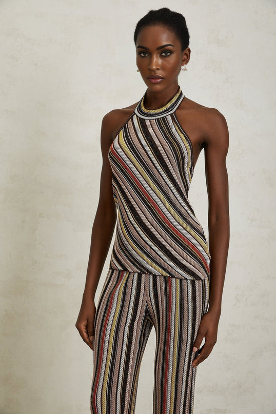 Paige Brown Stripe Halterneck Top and Trousers Set