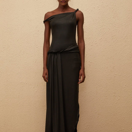 Paige Maxi Dress Black Asymmetrical Mono Shoulder Braided Detailing Side Slit Sleeveless Side Zip Fastening 100% Terylene Fiber